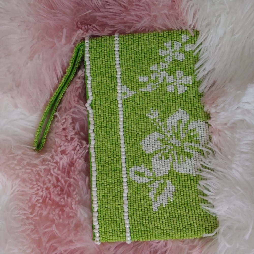 Beaded Evening Wristlet Clutch Bag Purses with Zip Wallet Green and WhiteBeaded